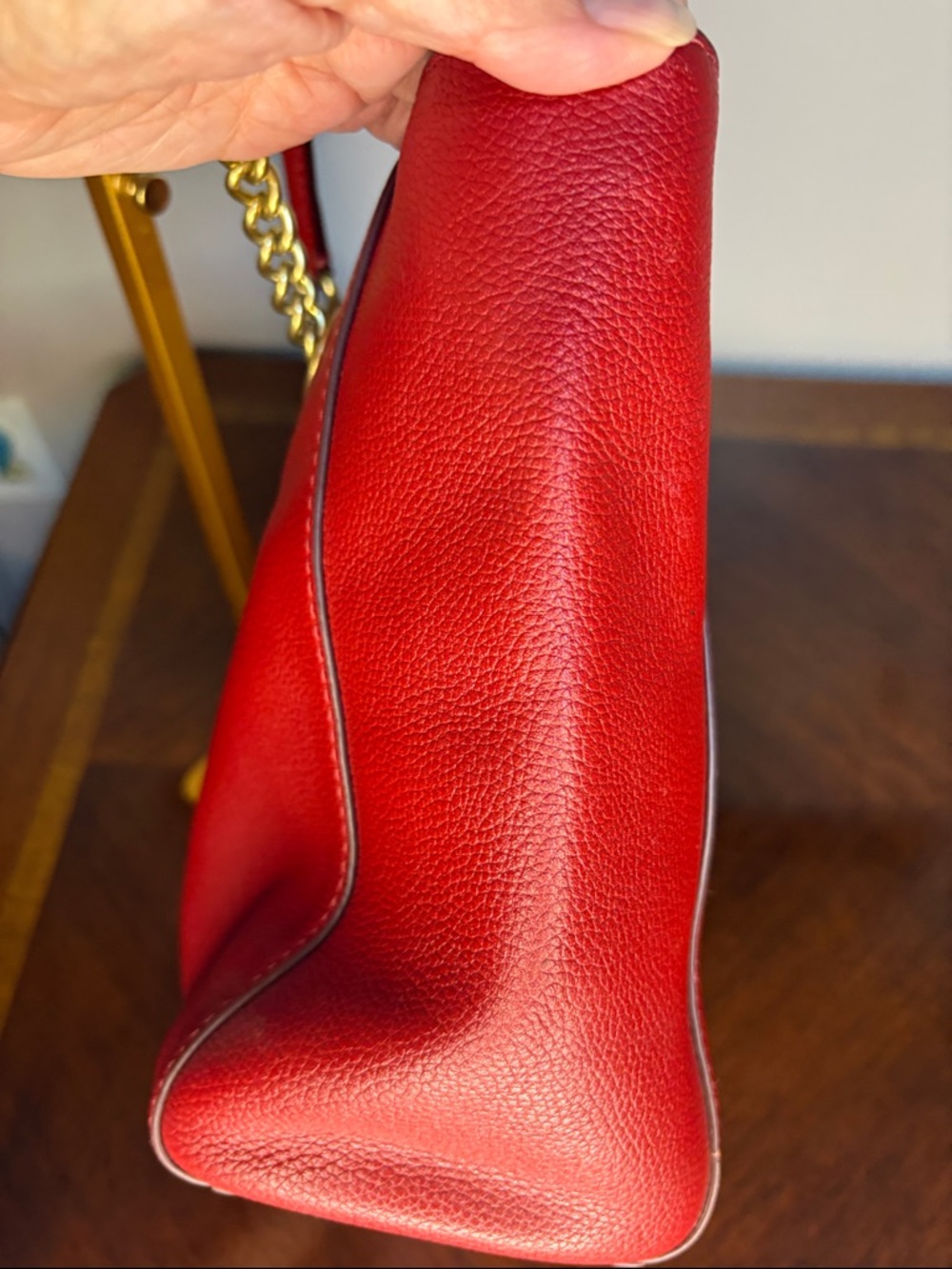 Coach Red Leather Tote with Gold Chain Handles Turnlock - Picture 10 of 12